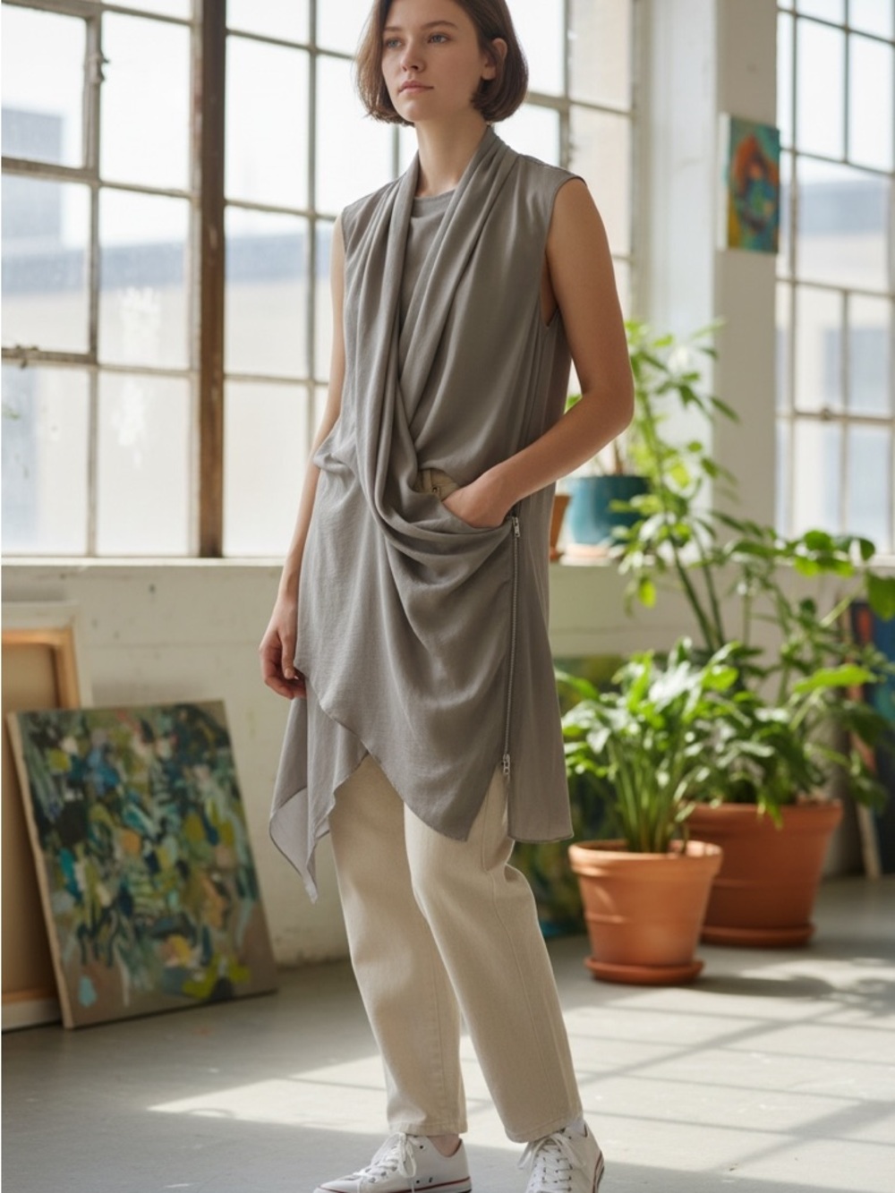 #4RUDSAK Sleeveless Draped Midi Dress in Charcoal size small